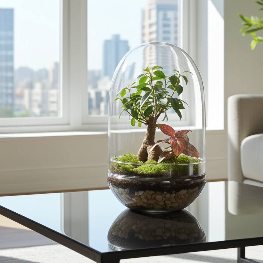 Terrarium Ficus Ginseng con Fittonia colorata